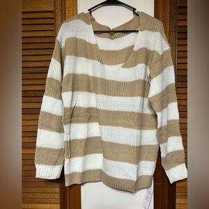 Cupshe Tan and White Striped V-Neck Sweater